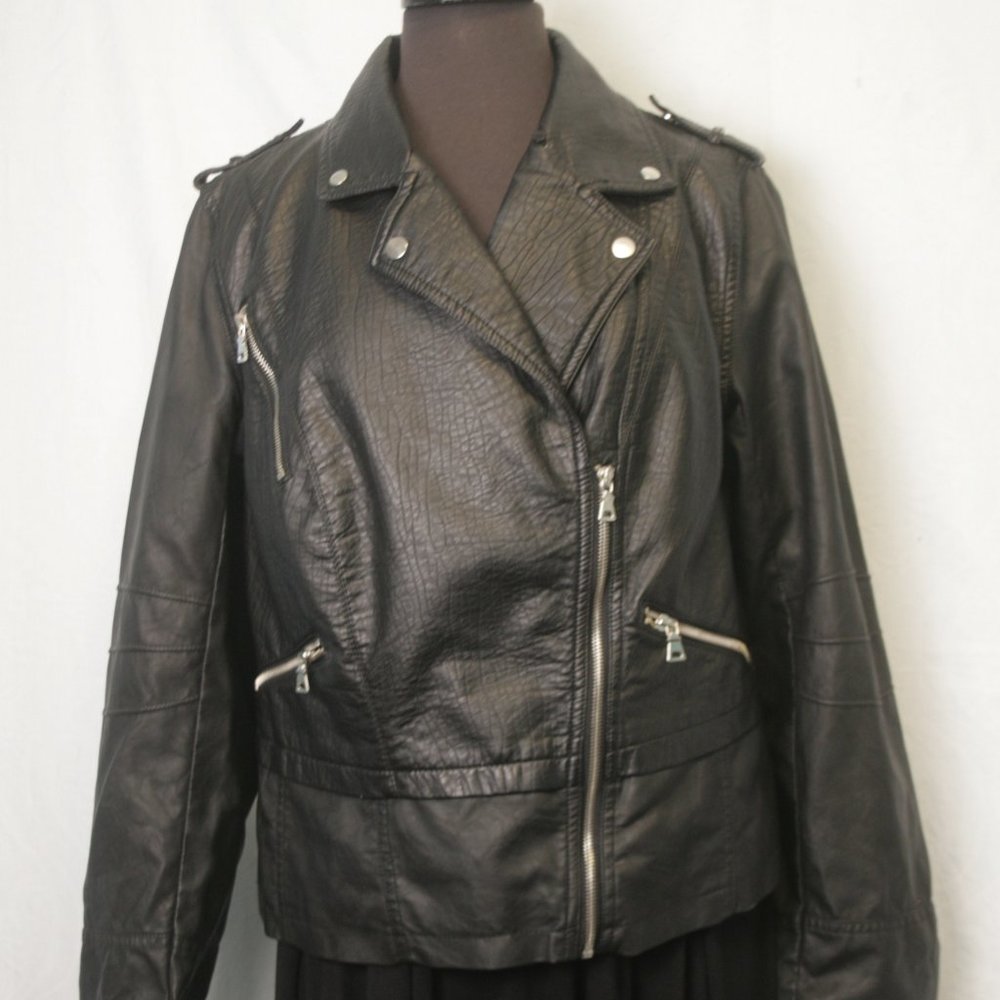 Synthetic Leather Bomber Jacket with lots of Zippers